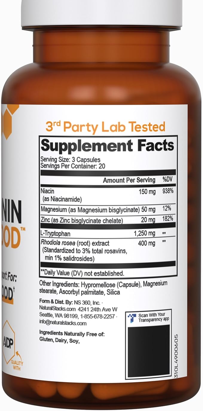 NATURAL STACKS Serotonin Brain Food w/L-Tryptophan & Rhodiola Rosea - Mood Support Supplement - Promotes Positive Mood, Calmness, Stress Relief - Happy Mood & Brain Support Supplement - 60 Capsules