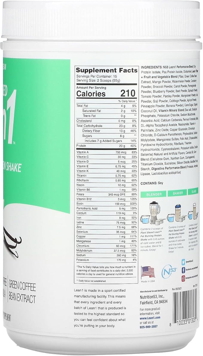 Lean1 Plant-Based Meal Replacement Protein Powder, Vanilla Flavor, 15-Serving Tub
