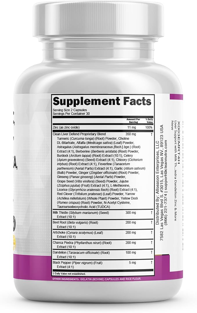 Clean Nutraceuticals Milk Thistle NAC Chanca Piedra Beet Root Artichoke Dandelion Root - Liver Cleanse Detox & Repair Supplement Plus TUDCA Choline & Ginger 60 Count