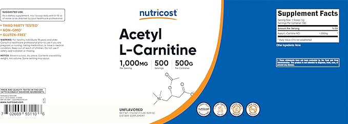 Nutricost Acetyl L-Carnitine (ALCAR) 500 Grams - 1000mg Per Serving - Pure Acetyl L-Carnitine Powder