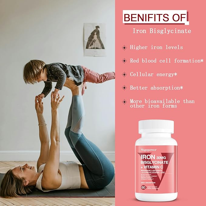 Iron Bisglycinate Supplement for Women & Men - 30mg Iron Pills with Vitamin C, B12, Folic Acid - Chelated Iron for Anemia, Blood Builder - High Absorption, Gluten-Free, Non-GMO - 60 Vegan Caps