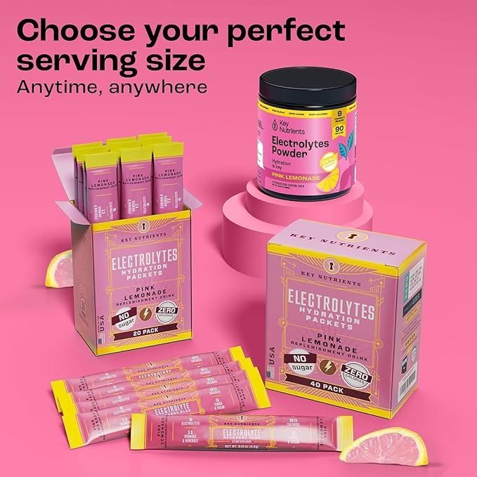 KEY NUTRIENTS Multivitamin Electrolytes Powder No Sugar - Fresh Pink Lemonade Electrolyte Powder - Endurance & Energy Supplement - Hydration Powder - No Calories - 90 Servings - Made in USA