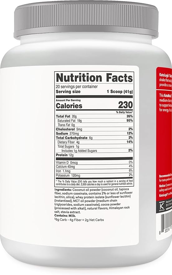 KetoLogic Keto Meal Replacement Shake Powder for Optimal Results + MCT Oil + Grass-Fed Whey - Perfectly Formulated Macros for Ketosis - 20 Servings - Chocolate