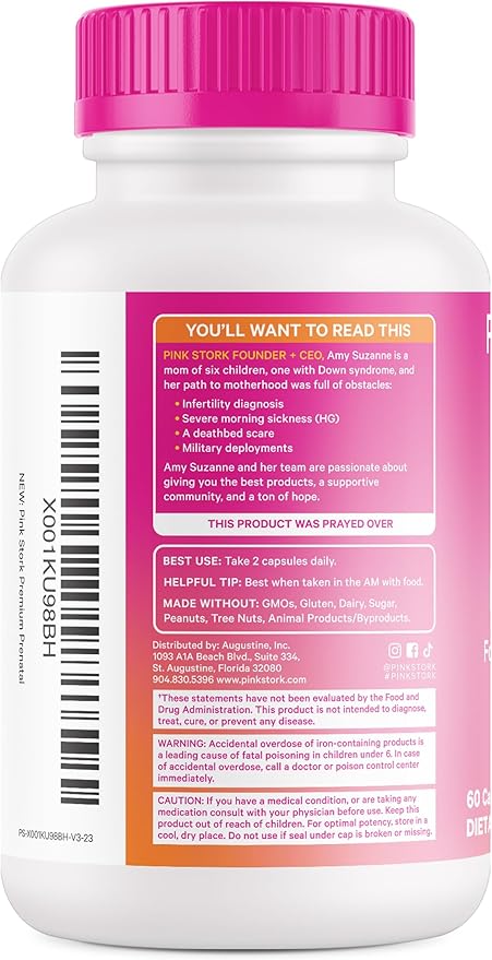 Pink Stork Premium Prenatal Vitamin for Women - Organic Whole-Food Ingredients, Multivitamin & Probiotics - Morning Sickness, Digestion, & Energy - Folate, B6, & Iron - 60 Capsules