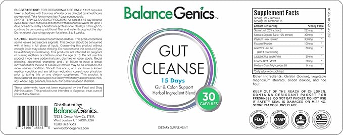 15 Day Gut Cleanse - Natural Plant-Based Colon Cleanser for Digestive Support - Daily Gut Health Supplement for Men & Women -30 Capsules