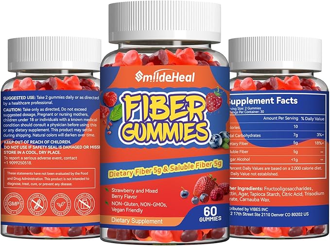 Fiber Gummies, Dietary Fiber, Soluble Fiber, for Women and Men, Gut Health Support, Non-GMOs, Non-Gluten, Vegan, Mixed Berry and Strawberry Flavor, 60 Count Gummies
