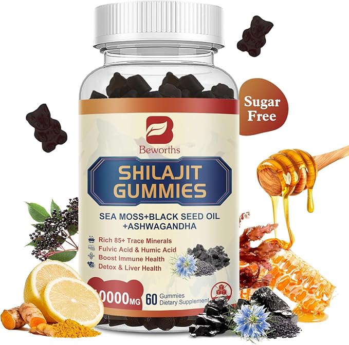 2Pack Shilajit Resin Gummies, Shilajit Sea Moss Supplement with Black Seed Oil, Ashwagandha Ginger, Panax Ginseng, Honey, Shilajit Resin with 85+ Trace Minerals & Fulvic Acid for Energy, Immune Health