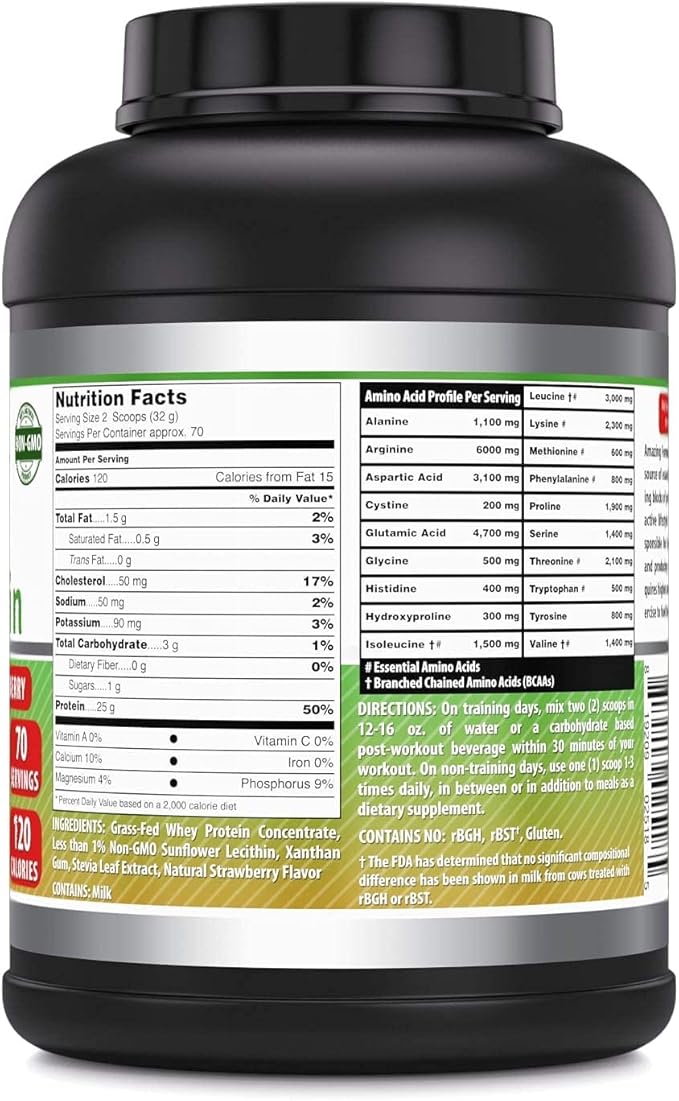 Amazing Formulas Grass Fed Whey Protein Supplement | Strawberry Flavor | 25 G Protein | 5 Lbs | Non-GMO | Gluten-Free | Made in USA