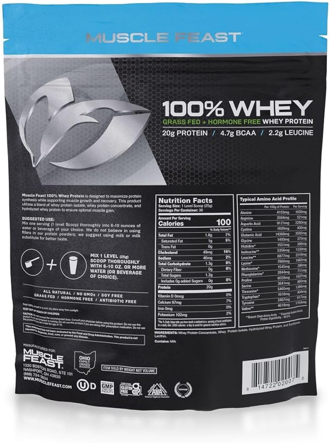 Muscle Feast 100% Grass-Fed Whey Protein, Pastured Raised Hormone Free All Natural, Unflavored, 2lb