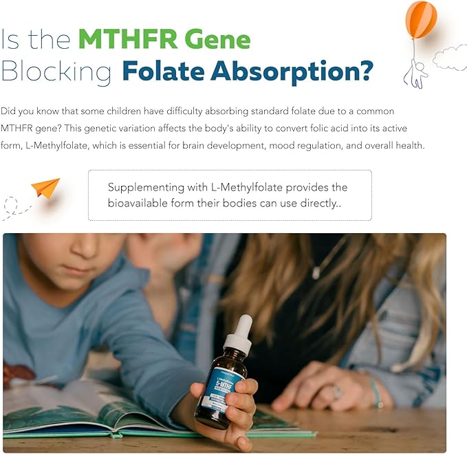 Organic Kids Methylfolate + Methyl B12 Cofactor - Organic Berry Flavor, Sublingual Form - 5-MTHF Form, Superior Form of Folate - Adjustable Dosing for All Ages - Mood, Behavior, Cognition - 1 oz.