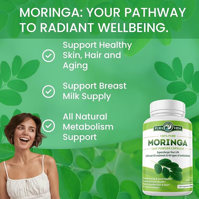 PURA VIDA MORINGA Capsules Single Origin Moringa Powder Organic. Moringa Leaf. Energy, Metabolism, & Immune Support. 120ct. 500mg Caps.
