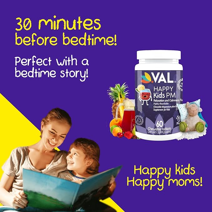 VAL Kids Melatonin Plus Magnesium, B6, Vitamin C, Bedtime Routine Supplement, Children’s Relaxation and Sleep Support for Kids 4+, Drug Free, Sugar Free, Natural Fruit Punch Flavor, 60 Chew Tabs