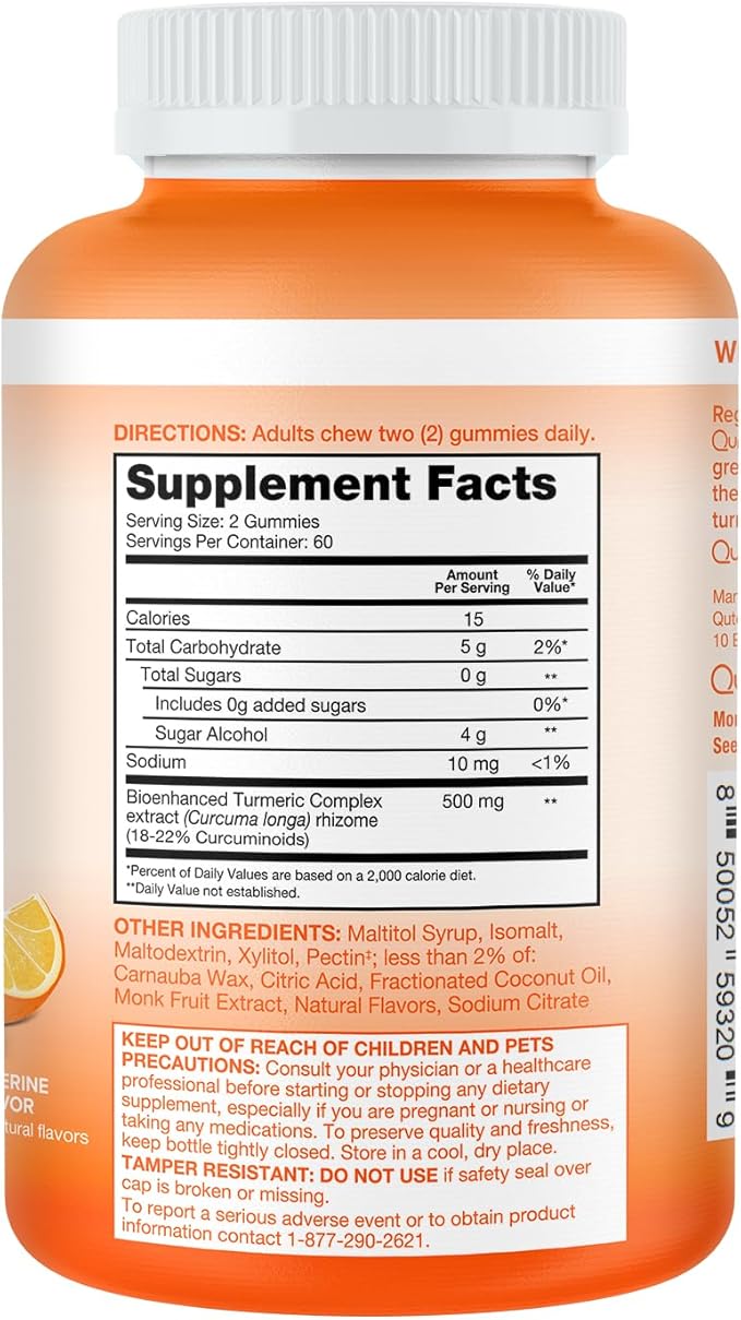 Qunol Zero Sugar Turmeric Gummies, Gummy with 500mg Turmeric Curcumin, Joint Support Supplement, Ultra High Absorption Tumeric Curcumin, Vegetarian, Gluten Free, 120 Count