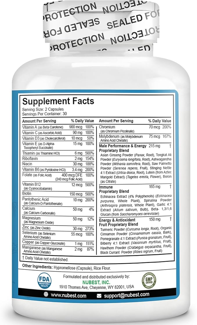 38-in-1 Capsules Asian Ginseng, Ashwagandha, Turmeric, Tongkat Ali, Saw Palmetto, Vitamins, Minerals, Herbals by Men's Multi 18+ - Bones, Muscle Strength, Immune Support - 60 Capsules