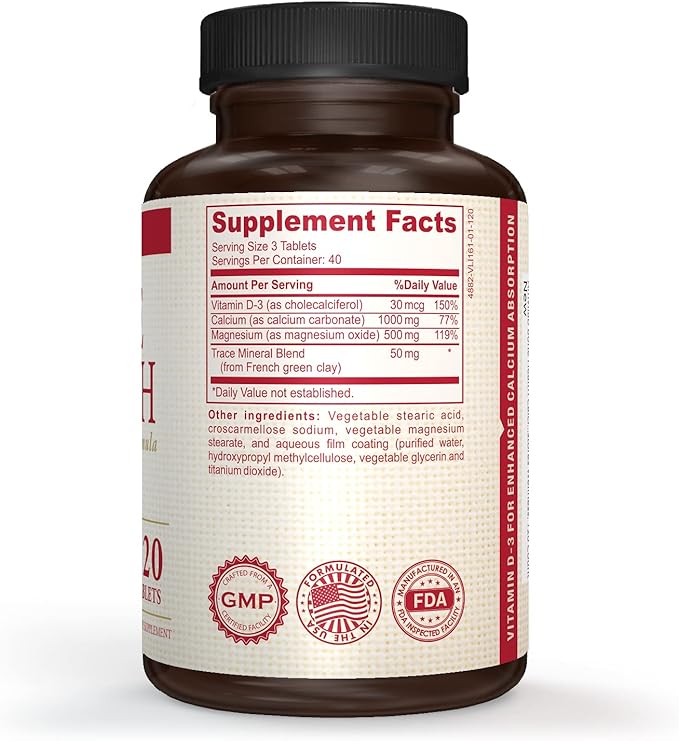 Bone Health Calcium 1000mg, Magnesium 500mg w Vitamin D 600IU. Potent Formula for Men & Women. Promotes Bone Density, Supports Joint Health, Restores Wellness. 120 Count