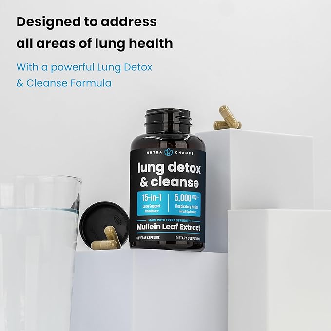 Lung Detox & Cleanse | Mullein Leaf Capsules | 15-In-1 Lung Health Formula for Respiratory, Immune & Mucus Support | 10:1 Mullein Leaf Extract (3000mg Equivalent) | Vegan Lung Support Supplement