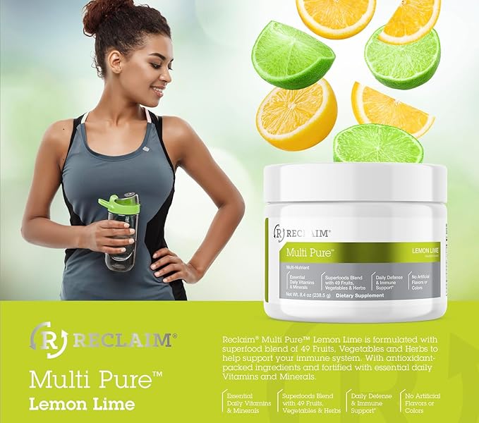 Reclaim Multi Pure Lemon Lime, Immune Support, Vitamin C, Vitamin B Complex, Probiotic, Superfood Powder, Calcium, Magnesium Oxide, (30 Servings) (Lemon Lime)