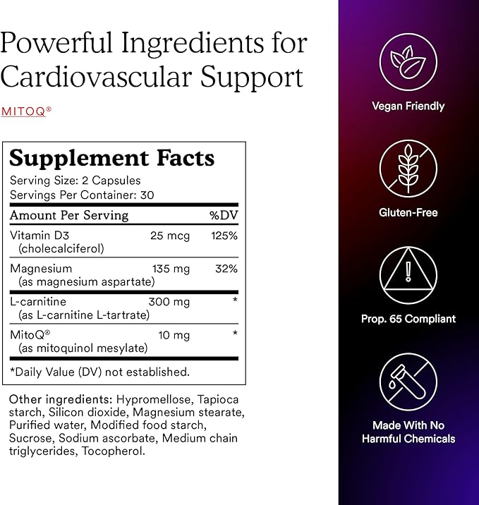 MitoQ +Heart Premium CoQ10 Antioxidant - Contains Mitoquinol Mesylate, Magnesium, L-Carnitine & Vitamin D3 - Supports Cardiovascular and Circulatory Health, & Cell Vitality (60 Capsules)