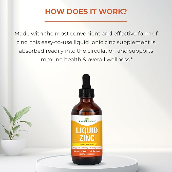 Liquid Zinc for Kids, Toddlers and Babies | 4 Oz Large Glass Bottle | Ionic Zinc Supplements Sulphate Drops | Immune Support | Easy to Take, Water Soluble | Unflavored