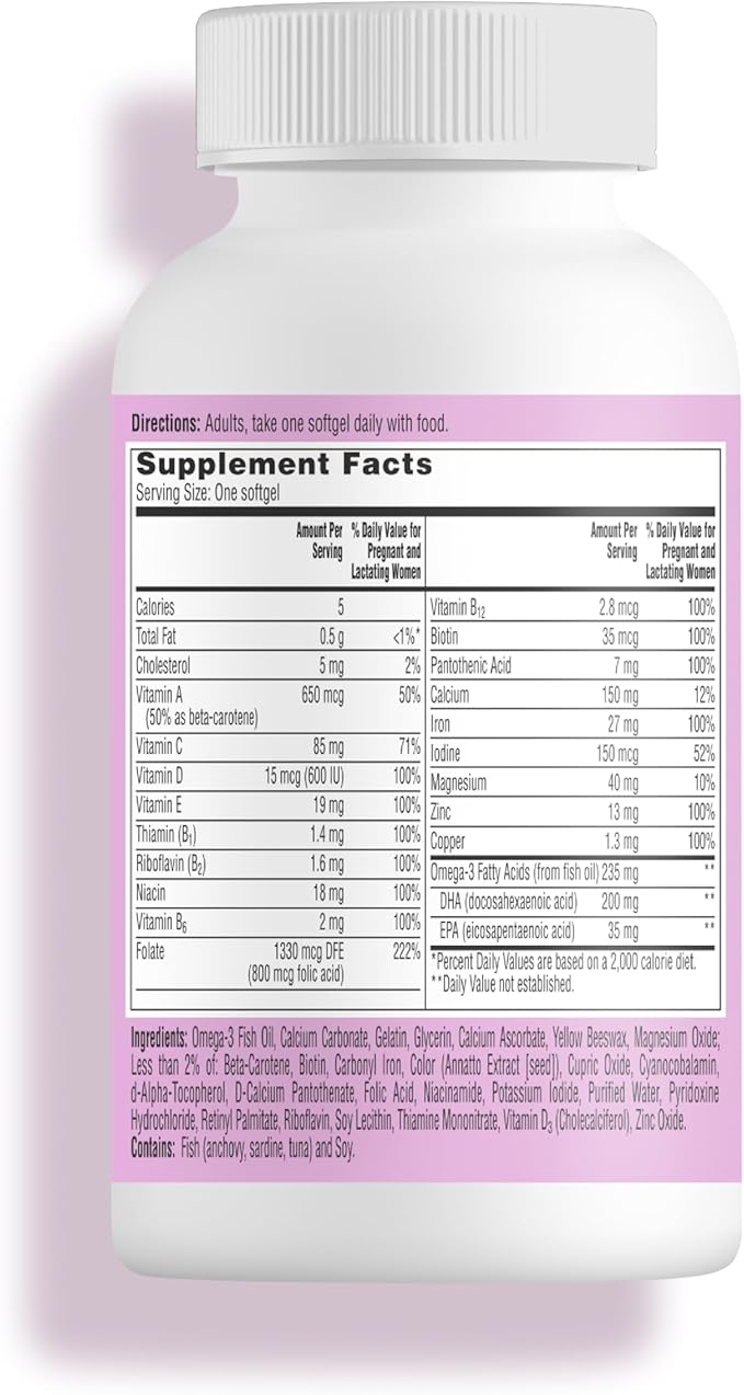 ONE A DAY Women's Prenatal 1 Multivitamin, Supplement for Before, During, and Post Pregnancy, Including Vitamins A, C, D, E, B6, B12, and Omega-3 DHA, 90 Count (Packaging May Vary)