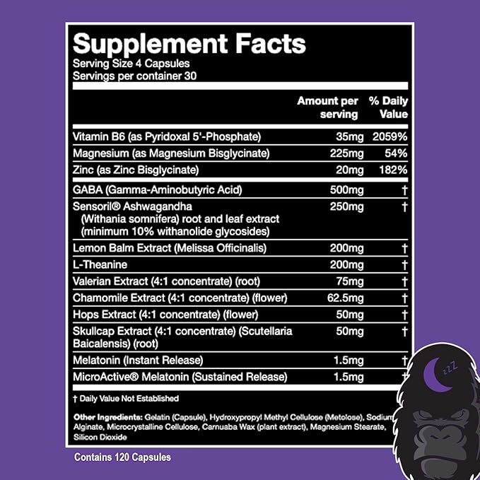 Gorilla Dream Sleep Supplement (120 Capsules) - Nootropic Infused Comprehensive Sleep & Recovery Supplement - GABA, Melatonin, Valerian Root, Magnesium, L-Theanine, Sensoril, Ashwagandha & More