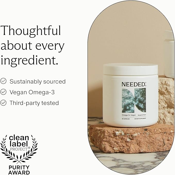 Needed Vegan Omega 3 DHA EPA Supplement - Delivers 500MG of Omega-3 DHA & EPA and 100MG of Choline, Encased in Veg Capsule, Sustainably Sourced from Algae Oil, Daily Dose of 2 Capsules, 30-Day Supply