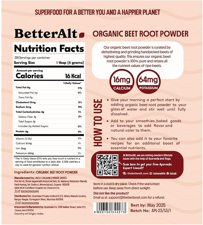 Organic Beet Root Powder, USDA Certified - Nitric Oxide Supplement, Beet Juice Powder Superfood for Healthy Heart, Beetroot Supplement, Beetroot Powder - 225 Servings, 2 lb