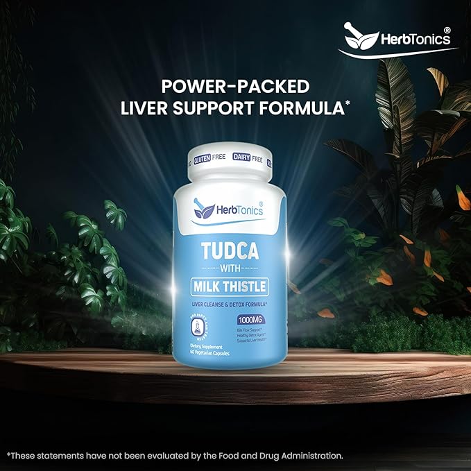 Herbtonics TUDCA & Milk Thistle 1000mg | Liver Cleanse, Detox & Repair Supplement | Bile Salts for Gallbladder Support & Liver Health | Pterostilbene Enhanced Tudca Supplement | 60 Vegan Capsules