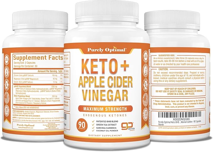 Purely Optimal Keto BHB & Apple Cider Vinegar Capsules - Exogenous Ketones Supplement with The Mother for Ketosis Support, Healthy Lifestyle & Overall Well-Being - 90 Capsules