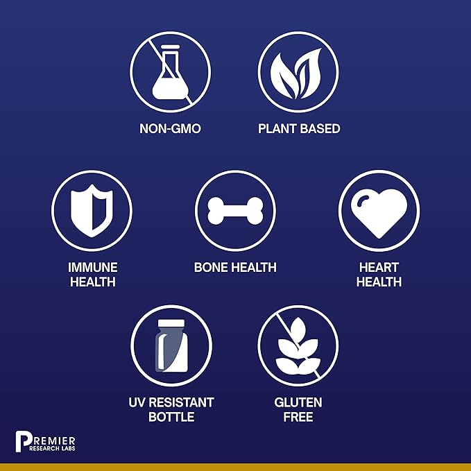 Premier Research Labs: Vitamin D3 + K2 Supplements | for Bone Support and Promotes Heart Health, Gluten-Free - 5000 IU Vegan Supplements - Tested Quality | 30 Plant-Source Based Capsules