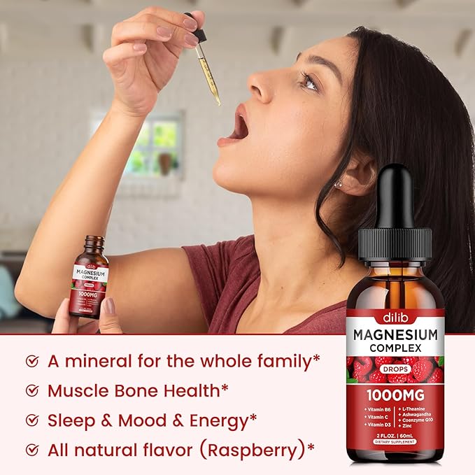 Triple Magnesium Complex Supplement, Magnesium Glycinate, threonate, Citrate Liquid Drops 1000mg with Ashwagandha, CoQ10, Vitamin B6, C, D, Zinc - Vegan Raspberry Flavor