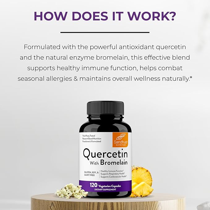 Sandhu's Quercetin with Bromelain 1000mg Per Serving 120 Count Vegetarian Capsules Bioflavonoids Supplement Complex Supports Immune, Cardiovascular & Respiratory Health