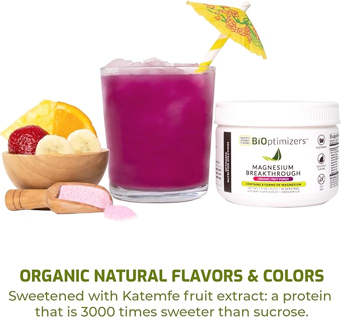 BiOptimizers Magnesium Breakthrough Drink Fruit Punch - 8 Forms of Magnesium: Glycinate, Malate, Citrate, and More - Natural Sleep and Brain Supplement – 5.4 oz (30 Servings)