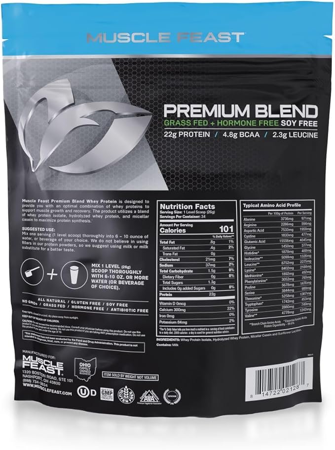 Muscle Feast Premium Blend All Natural Hormone Free Grass-Fed Whey Protein Powder, Unflavored, 2lb