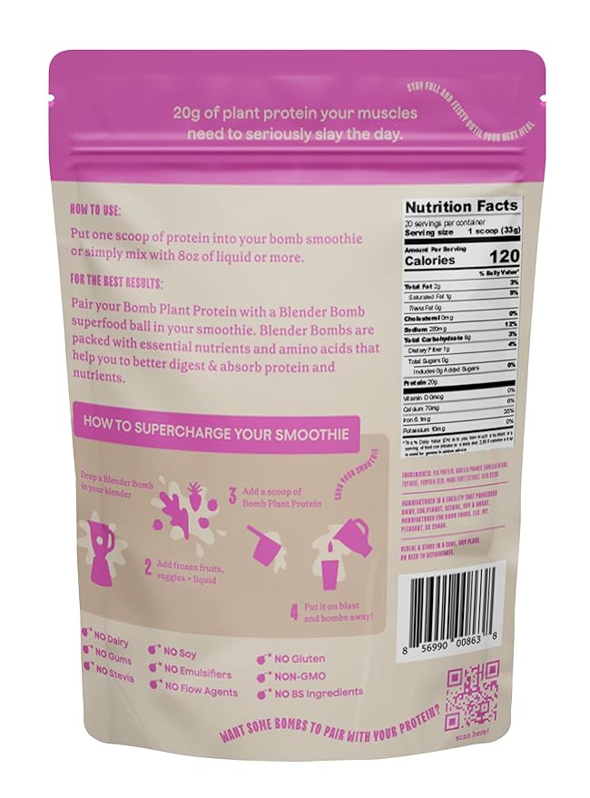 The Bomb Co. Bomb Plant Protein, Protein Powder with 20g Protein, Amino Acids, Zero Sugar, Pea Protein, Chia Seeds, Pumpkin Seeds, Vanilla & Monk Fruit, Gluten Free, Vanilla Flavor, 20 Srvgs