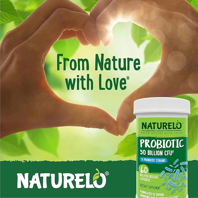 NATURELO Probiotics for Digestive Health - 50 Billion CFU, 11 Strains Daily Supplement - Boosts Immune System, Delayed Release, 60 Vegetarian Capsules