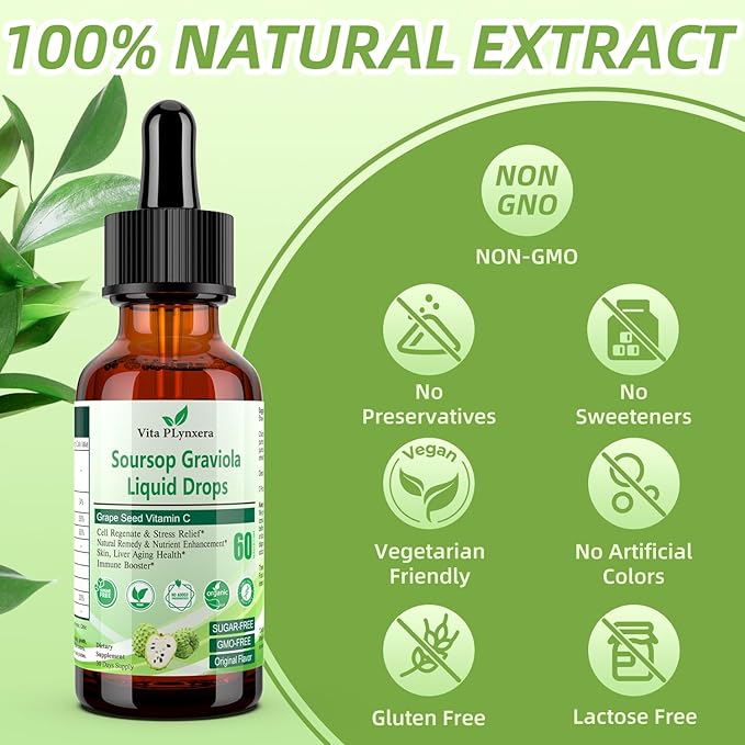 Soursop Graviola Liquid Drops, Soursop Extract Multivitamin Drops w. Sea Moss, Grape Seed, Super Concentrated Unrefined Soursop Oil Organic for Skin Immune Boost Detox, Soursop Bitters Liquid 2 Fl/Oz