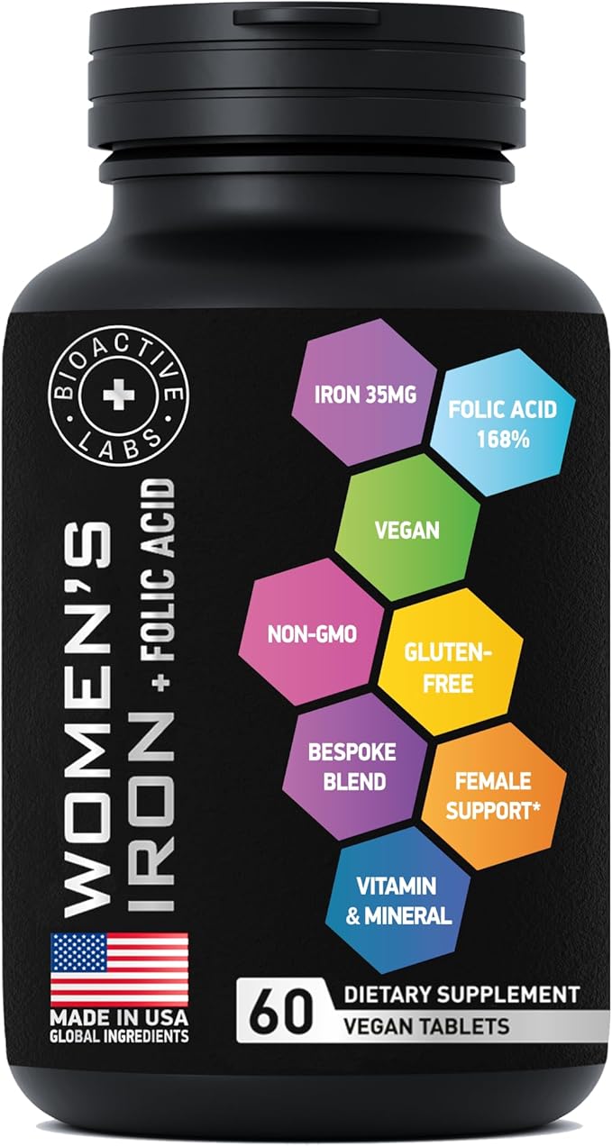 Vegan Iron Supplements for Women with Folic Acid - 168% Folate Folic Acid, 194% Ferrous Sulfate Blood Builder Iron Pills for Women with Anemia and Pregnant Women - 2-Pack, 120 Gentle Iron Tablets