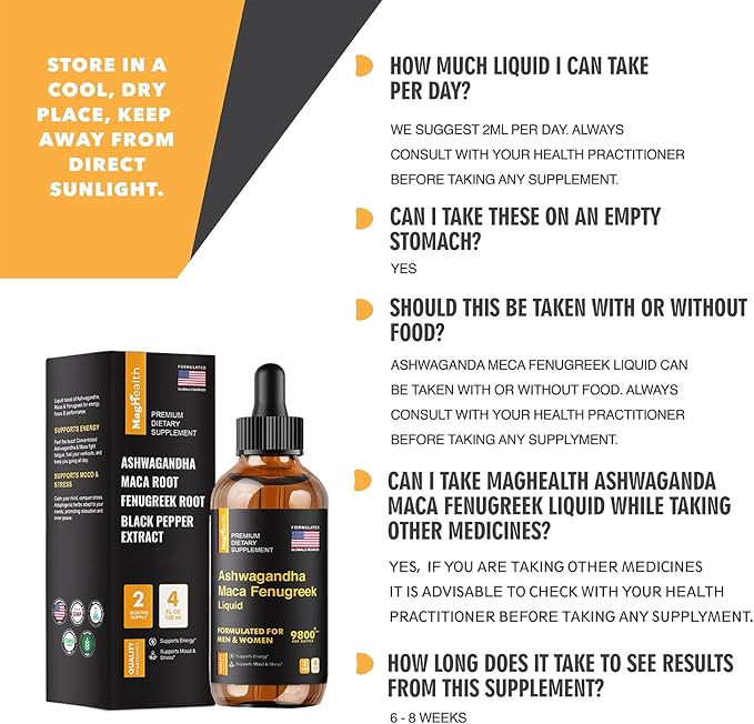 Ashwagandha Maca Fenugreek Extracts - Supports Energy & Focus - Liquid Supplement for Men & Women - 60 Day Servings, Vegan Drops (4 oz)