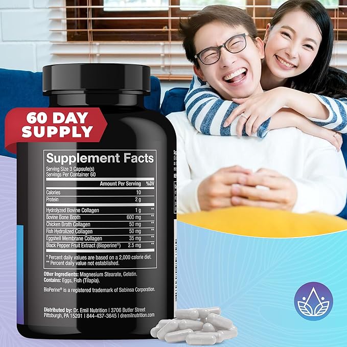 DR. EMIL NUTRITION Multi Collagen Pills - 180 Capsules - Collagen Supplements to Support Hair, Skin, Nails, & Joints - Hydrolyzed Collagen Supplements for Women with Types I, II, III, V & X