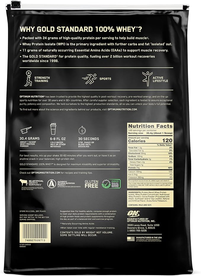 Optimum Nutrition Gold Standard 100% Whey Protein Powder, Double Rich Chocolate, 10 Pound (Packaging May Vary)