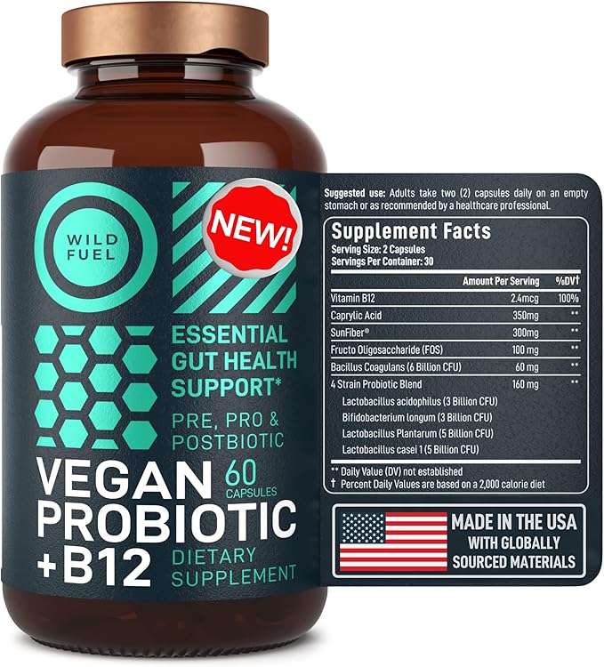 Vegan Probiotic Plus B12-22 Billion CFU Synbiotics Probiotics & Prebiotic for IBS, Digestive & Gut Health, Mood Support - B12 with FOS Pre Pro Post Biotics for Women & Men - 60 Gluten-Free Capsules