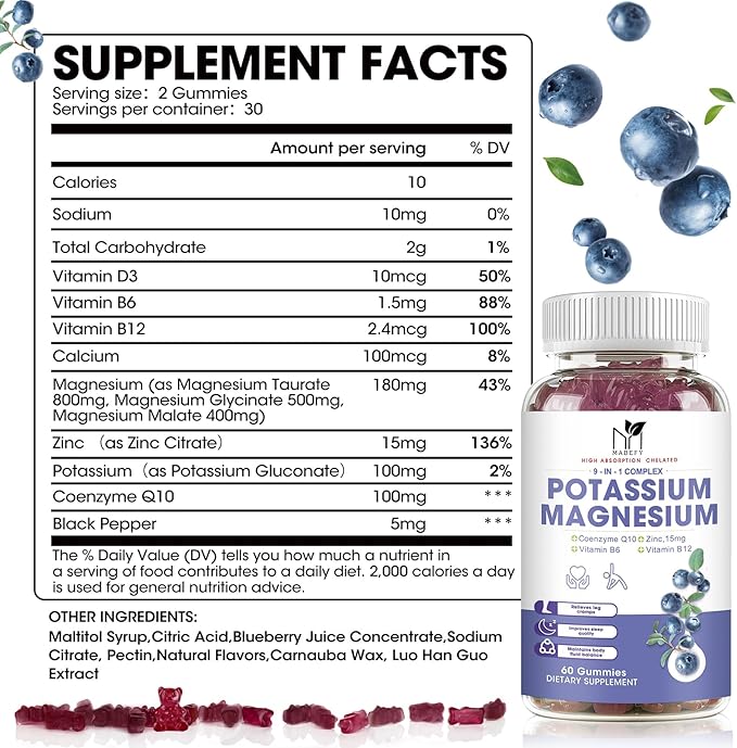 Potassium Magnesium Gummies 1800mg, Sugar-Free Potassium Gummies with Magnesium Glycinate, Taurate, Malate, Chewable Magnesium Potassium Supplements for Leg Cramps & Muscle, Heart Health (2 Pack)
