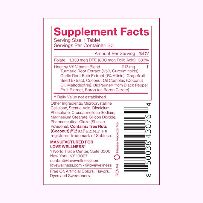 Love Wellness Healthy V Vitamin | Women's Vaginal Health Supplement | pH Balance, Gut Health & Immune Support Supplement | Balance of Candida Yeast with Turmeric, Garlic & Coconut Oil | 30 Count