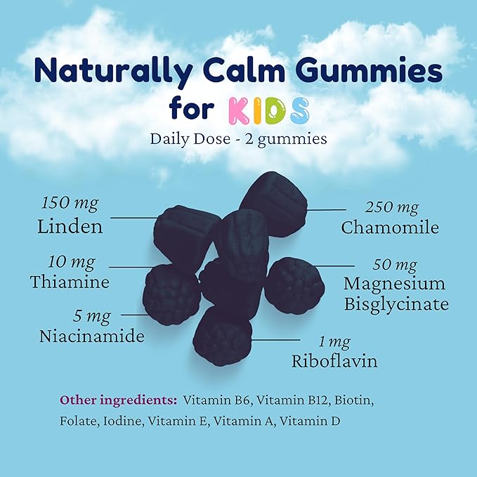 Dr. Klein's Naturally Calm Gummies for Kids - Chamomile, Linden, & Magnesium for Soothing Kids Ages 5+ Vitamins to Aid Sleep - Magnesium Gummies for Kids - Calm Chews for Kids - Grape Sugar-Free 60ct