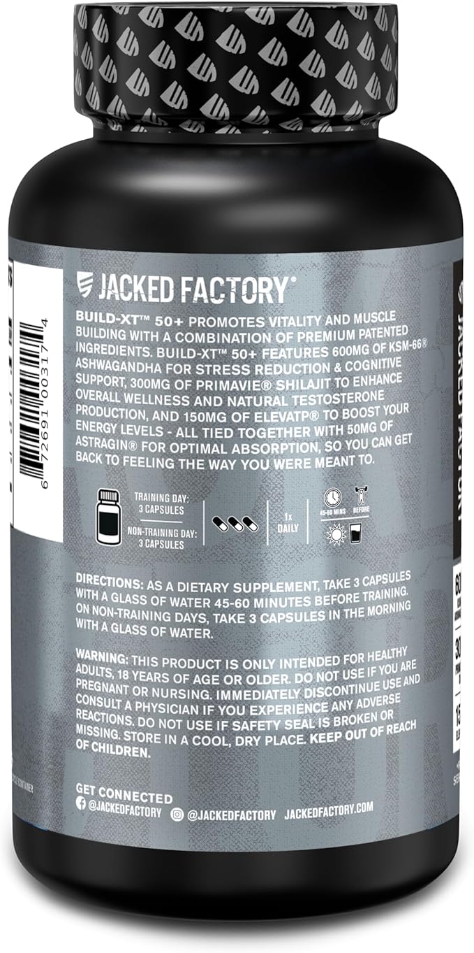 Jacked Factory Build-XT 50+ Daily Muscle Builder - Muscle Recovery Supplement & Muscle Builder for Men and Women with KSM-66 Ashwagandha, Primavie Shilajit, ElevATP, & Astragin - 90 Count