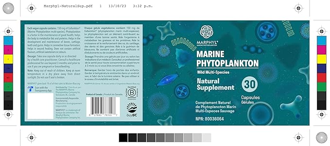 MARPHYL Marine Phytoplankton Wild Multi Species Natural Supplement - 150 mg per Capsule - Organic - 30 Vegan Capsules - from Vancouver Island, Canada