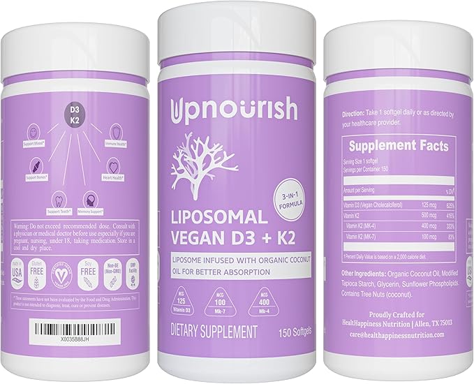 UpNourish Certified Vegan Vitamin D3 5000 IU K2 MK4 MK7 500 mcg Supplement, 150 Softgels, Plant Based Liposomal Vitamin D K with Organic Coconut Oil, Non GMO, Gluten and Gelatin Free