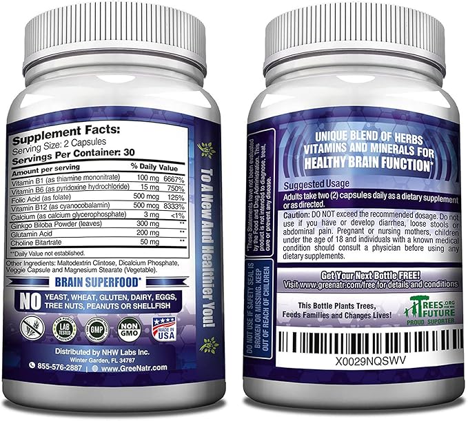 Brain Supplement to Enhance Memory, Energy, Focus, and Clarity with B1, B6, B12 Vitamin, Folic Acid, Calcium and Ginkgo Biloba for Men and Women (6 Bottles)