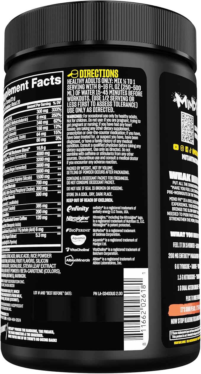Mutant Mind FK - Epic Nootropic Pre-Workout - Brain Supplement for Mental Focus - 20 Serve - Sour Peach - 460g